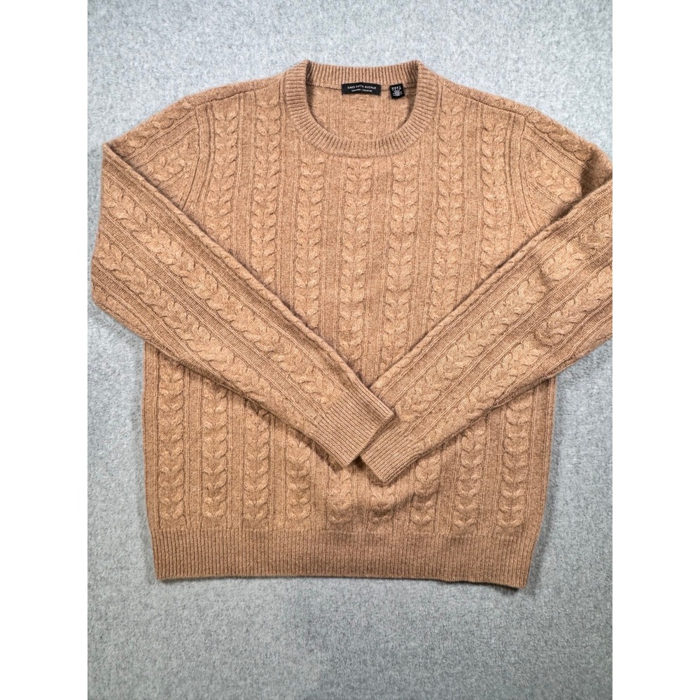 Saks Fifth Avenue Mens Cashmere Cable Knit Crewneck Sweater Camel Brown Large